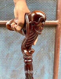 Bâton de marche en bois sculpté à la main avec tête de crâne, hauteur de 36 pouces