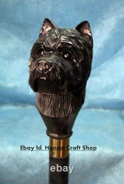 Bâton de marche en bois sculpté à la main avec un chien Cairn Terrier pour hommes, canne de marche avec chien AQ1