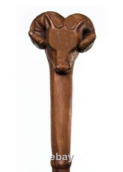 Bâton de marche en bois sculpté à la main avec une tête d'animal de bélier pour hommes et femmes - Cadeau de canne design