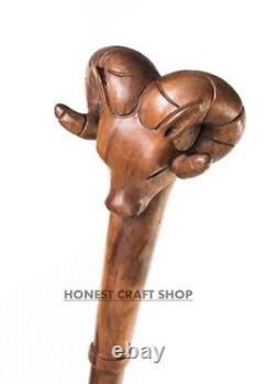 Bâton de marche en bois sculpté à la main avec une tête d'animal de bélier pour hommes et femmes - Cadeau de canne design