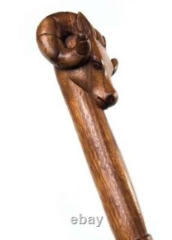 Bâton de marche en bois sculpté à la main avec une tête d'animal de bélier pour hommes et femmes - Cadeau de canne design