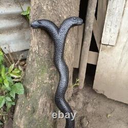 Bâton de marche en bois sculpté à la main avec une tête de serpent africain à deux têtes fait main