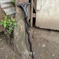 Bâton de marche en bois sculpté à la main avec une tête de serpent africain à deux têtes fait main