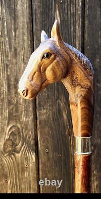 Bâton de marche en bois sculpté à la main, canne de marche en bois avec visage de cheval, canne animale