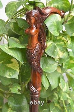 Bâton de marche en bois sculpté à la main, confortable et fabriqué en bois, avec motif de sirène.