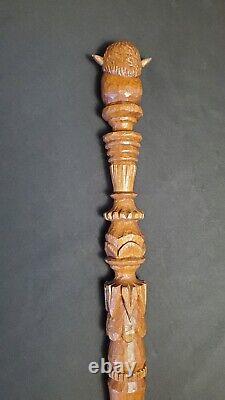 Bâton de marche en bois sculpté amérindien vintage avec tête d'Indien signée 60+ ans