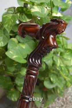 Bâton de marche en bois sculpté de sirène fait main avec poignée confortable