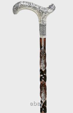 Bâton de marche en bois unique à tête argentée, de haute qualité et sculpté spécialement