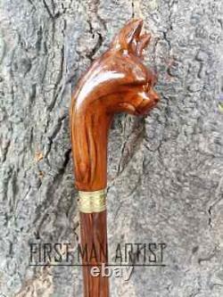 Bâton de marche en bois vintage fait main avec tête sculptée et poignée pour adulte