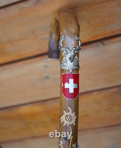 Bâton de marche en glace allemand avec mémoire, médaillons européens en bois sculpté 2