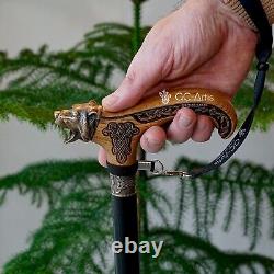 Bâton de marche en métal ours canne en bronze laiton poignée en bois léger tige noire pour hommes