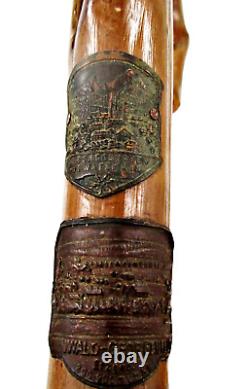 Bâton de marche et de randonnée en bois allemand vintage avec des badges souvenirs