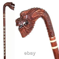 Bâton de marche fait main en bois sculpté avec poignée en croc
