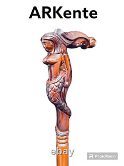 Bâton de marche sculpté 100% en bois avec sirène, canne faite à la main. Cadeau d'Halloween