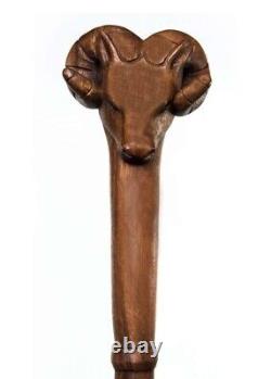 Bâton de marche sculpté à la main en bois avec tête d'animal de bélier pour hommes et femmes - Cadeau de canne design