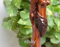 Bâton de marche sculpté en bois avec une poignée confortable faite à la main en forme de sirène en bois.
