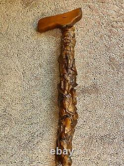 Belle canne de marche pour homme en bois vintage sculptée à la main de 36,5 pouces.