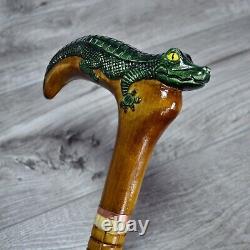 Canne Bâton de marche en bois sculpté à la main Alligator.