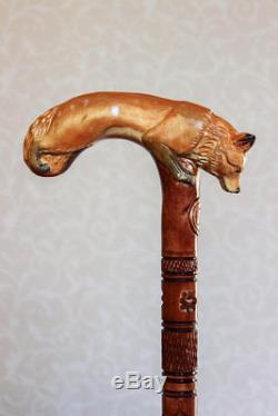 Canne De Marche En Fox Poignée Et Bâton Sculptés À La Main Bâton De Randonnée Femme En Bois Nw61