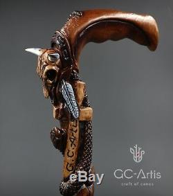 Canne En Bois Bâton Bâton De Crâne De Buffle Taureau Sculpté À La Main Fabriqué Mystique