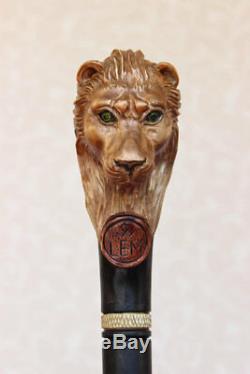 Canne En Bois De Lion Canne Lion Poignée Sculptée Zodiac Cadeau Léo Randonnée Nw53