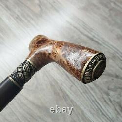 Canne Walking Stick Burl Poignée En Bois Fait Main Pièces De Bronze Uniques # 81