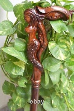 Canne de marche à poignée de sirène vintage sculptée à la main en bois fait main