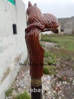 Canne de marche à poignée en tête de chat, bâton de marche en bois sculpté à la main de style chat, bâton en bois sculpté à la main V1.