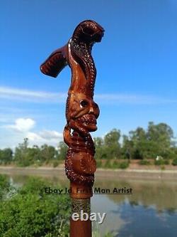 Canne de marche à poignée en tête de cobra et de crâne en bois sculpté à la main pour hommes