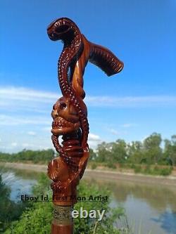 Canne de marche à poignée en tête de cobra et de crâne en bois sculpté à la main pour hommes