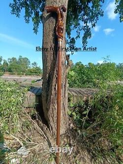 Canne de marche à poignée en tête de cobra et de crâne en bois sculpté à la main pour hommes