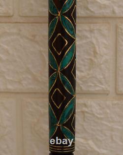 Canne de marche artisanale, bâton en bois d'ébène incrusté de 37 malachites, bâton en bois de 95 cm.
