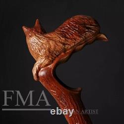 Canne de marche avec poignée en forme de tête de chat, style bâton de marche en bois sculpté à la main