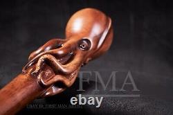 Canne de marche avec poignée en tête de pieuvre, style pieuvre, bâton en bois sculpté à la main GF