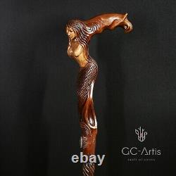 Canne de marche en bois Sirène D sculptée à la main, bâton conçu pour hommes