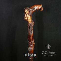 Canne de marche en bois Sirène D sculptée à la main, bâton conçu pour hommes