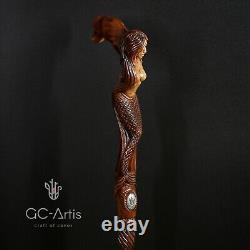 Canne de marche en bois Sirène D sculptée à la main, bâton conçu pour hommes