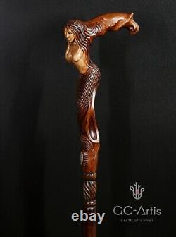 Canne de marche en bois Sirène D sculptée à la main, bâton conçu pour hommes