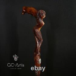 Canne de marche en bois Sirène D sculptée à la main, bâton conçu pour hommes