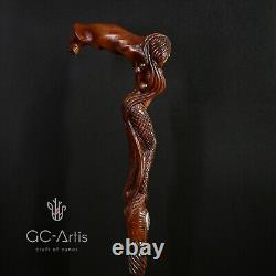 Canne de marche en bois Sirène D sculptée à la main, bâton conçu pour hommes