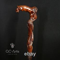 Canne de marche en bois Sirène D sculptée à la main, bâton conçu pour hommes