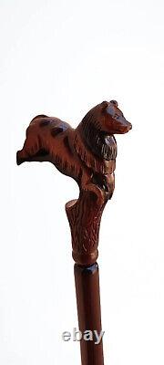 Canne de marche en bois avec chien colley sculpté en bois d'Écosse, cadeaux de berger.