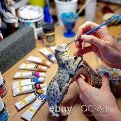 Canne de marche en bois avec léopard des neiges, chat blanc sculpté à la main et peint.