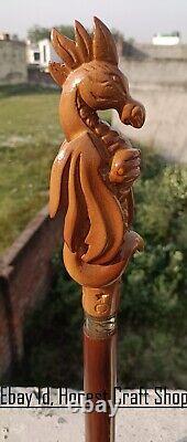 Canne de marche en bois avec poignée sculptée à la main en forme de tête de dragon - Cadeau fait main