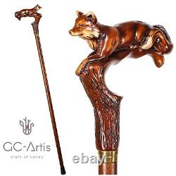Canne de marche en bois cadeau renard pour femmes dames sculpté en bois