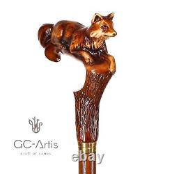 Canne de marche en bois cadeau renard pour femmes dames sculpté en bois