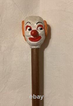 Canne de marche en bois faite à la main avec poignée en tête de clown sculptée à la main vintage