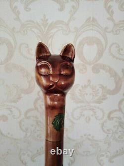 Canne de marche en bois sculpté à la main avec poignée de tête de chat - Meilleur cadeau.