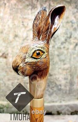 Canne de marche en bois sculpté à la main avec poignée en tête de lapin - Cadeau unique