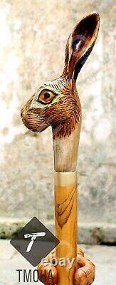 Canne de marche en bois sculpté à la main avec poignée en tête de lapin - Cadeau unique